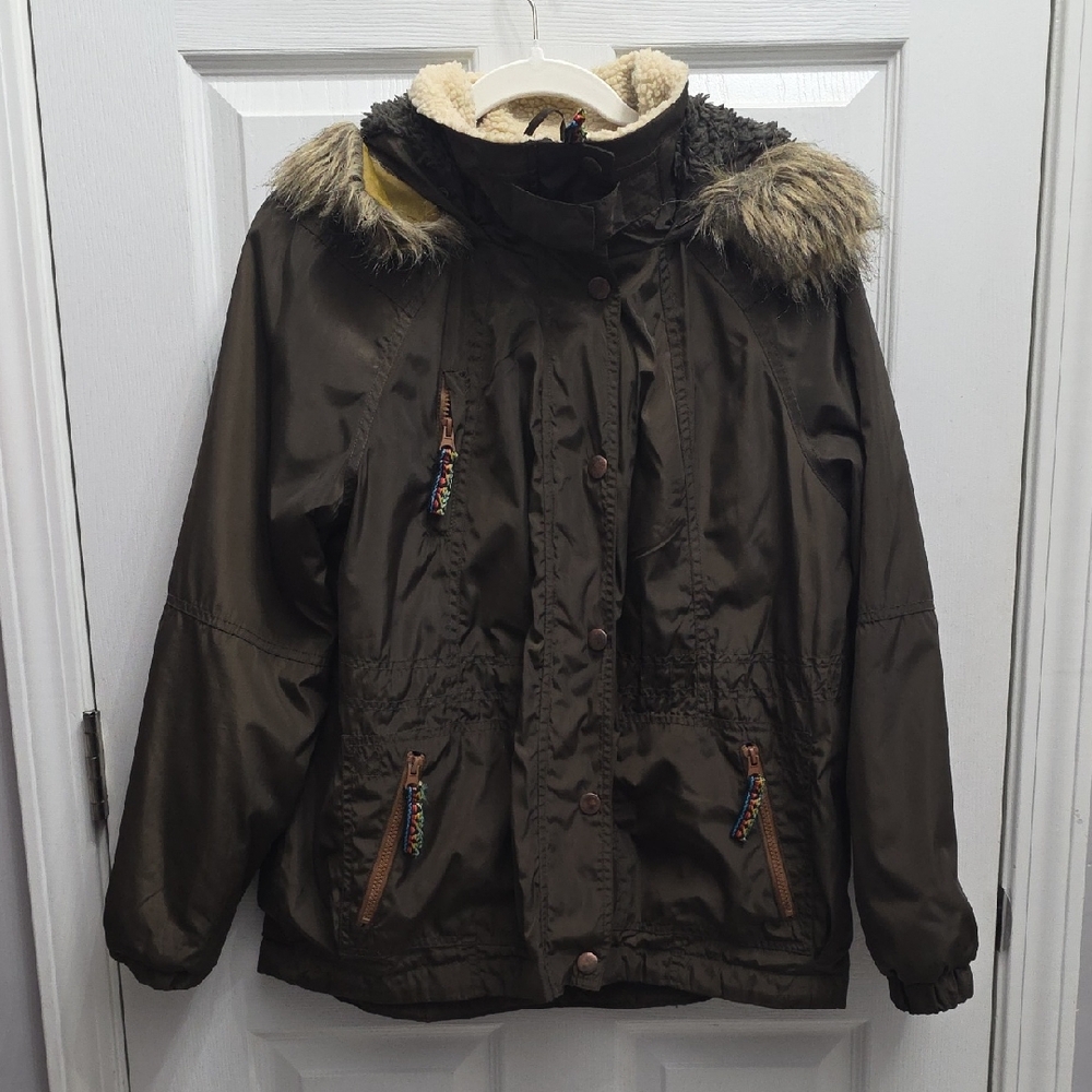 Forever 21 Olive Green Hooded Jacket with Faux Fur Trim